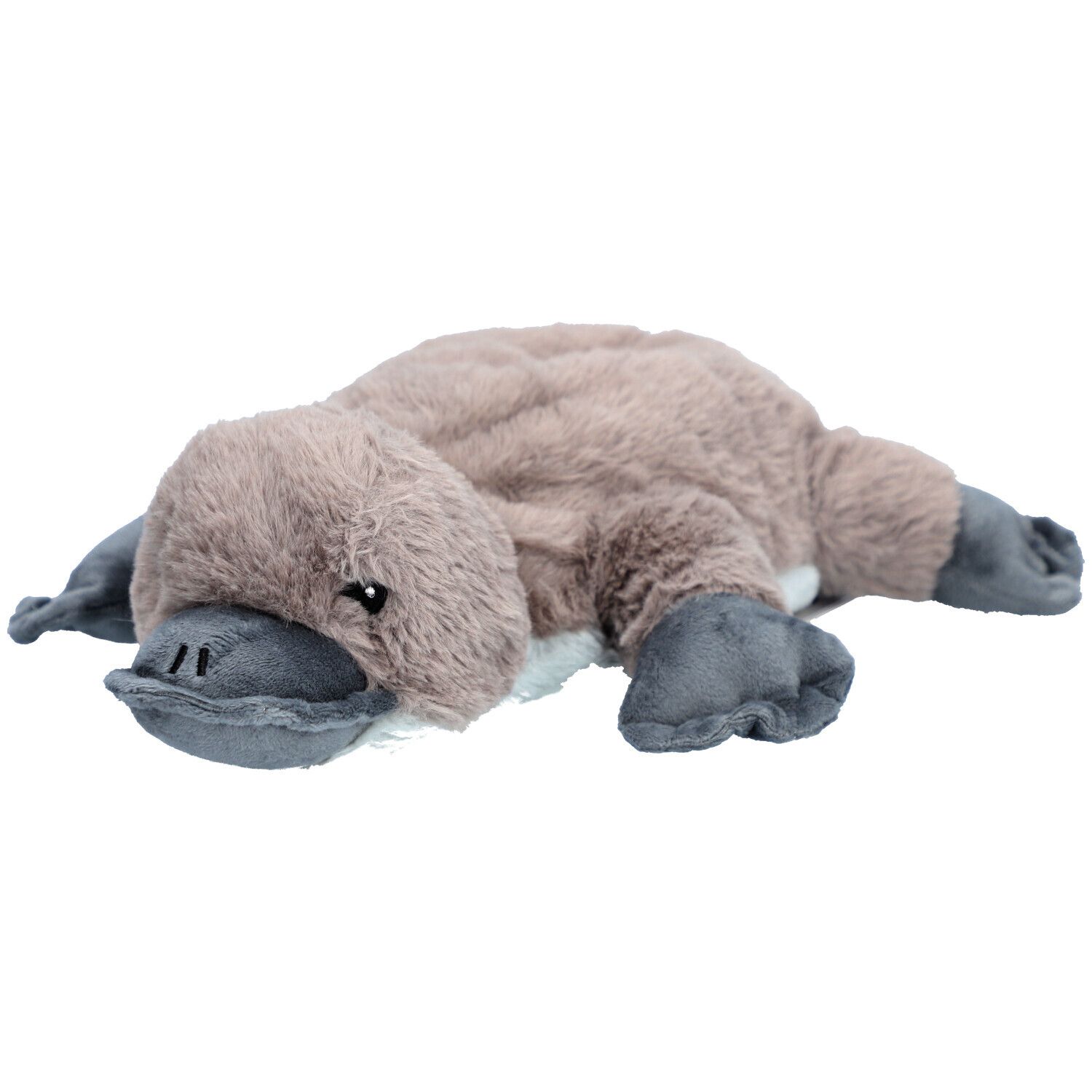 Peluche ornithorynque gris-brun, bec et pieds gris. Position allongée.