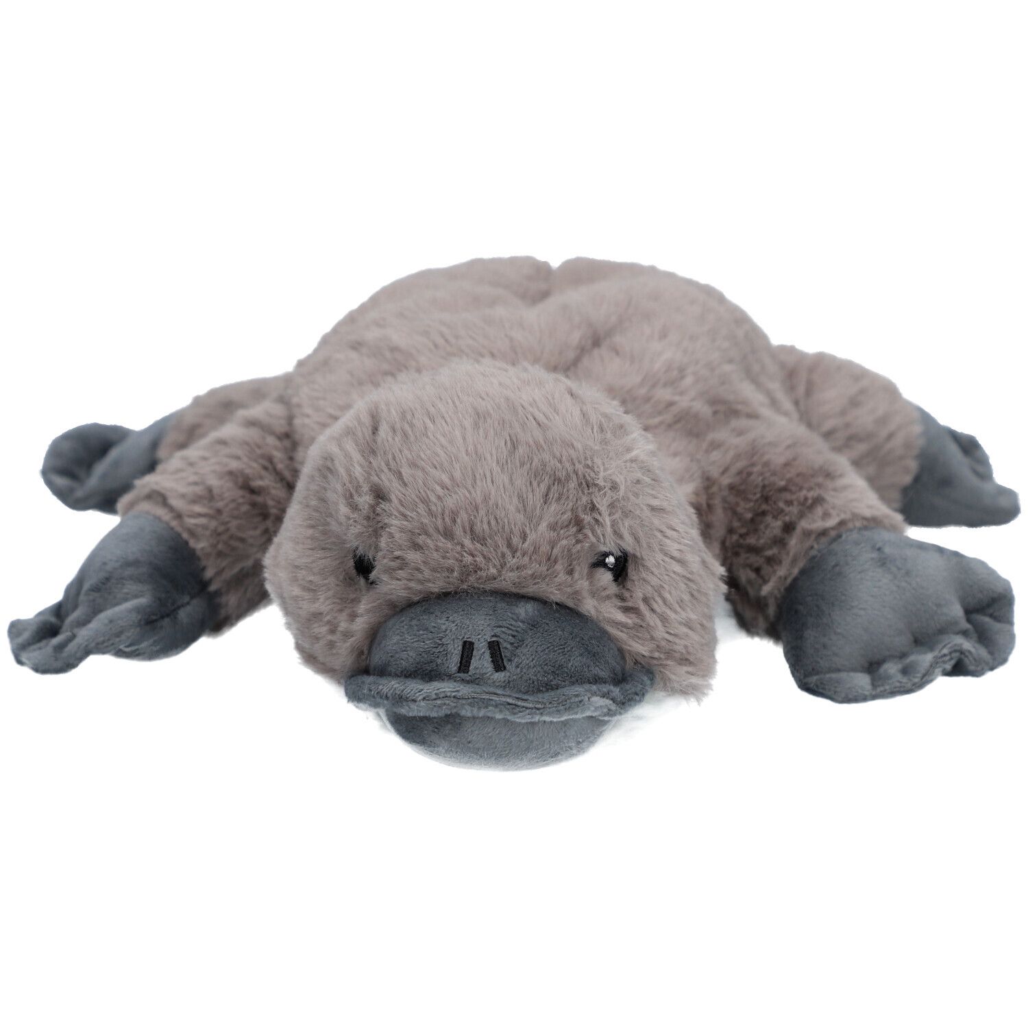 Peluche ornithorynque gris-brun, bec et pieds gris. Position allongée.