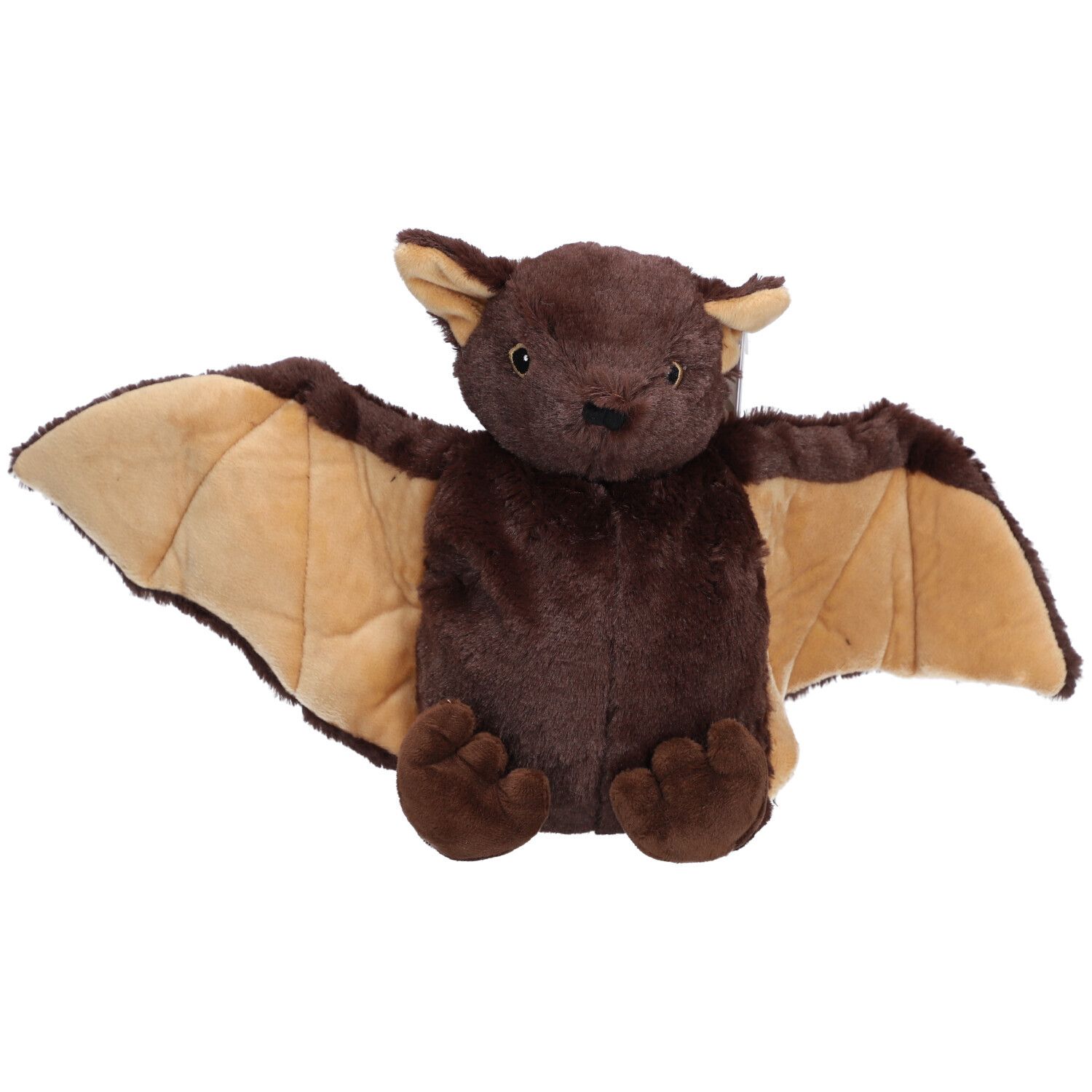 Peluche chauve-souris marron avec ailes beiges. Matière douce, position assise, oreilles sur la tête. Yeux et nez visibles.