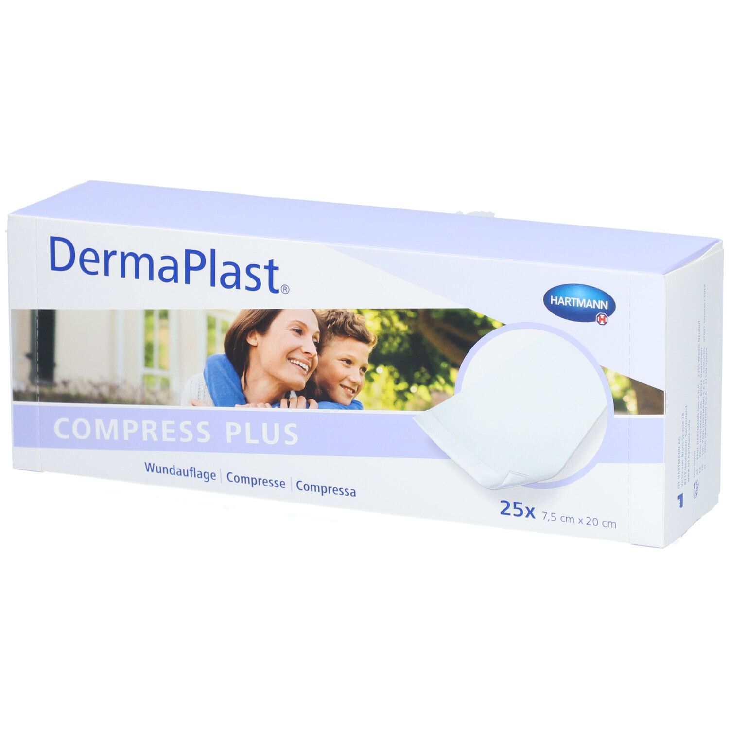Boîte de Dermaplast Kompresse Plus. Contient 25 compresses de 7,5 x 20 cm. Image d'une femme et d'un enfant.