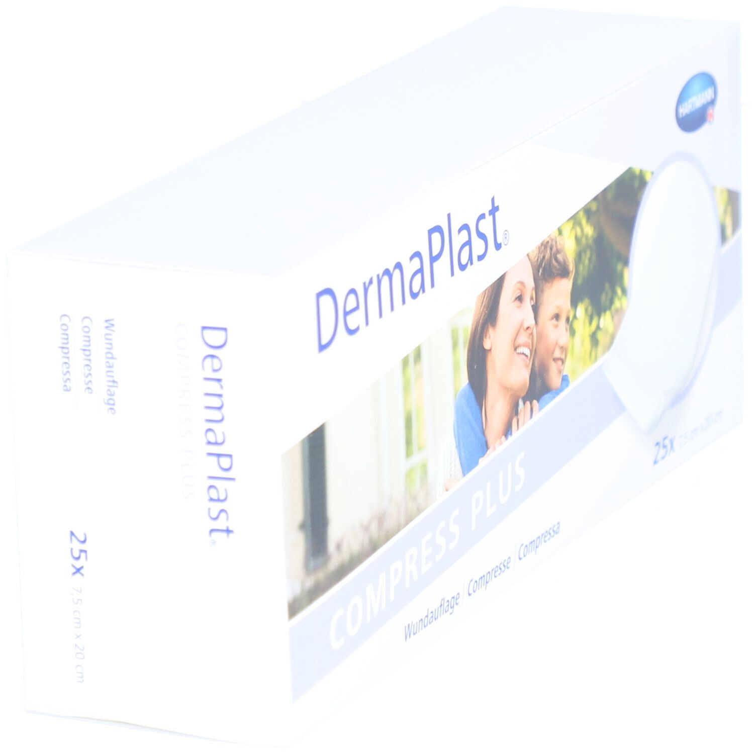 Boîte de Dermaplast Kompresse Plus en biais. Contient 25 compresses de 7,5 x 20 cm.