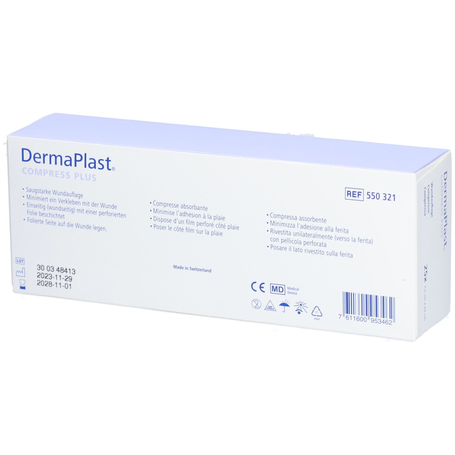 Dos de la boîte Dermaplast Kompresse Plus. Contient des informations et certifications.