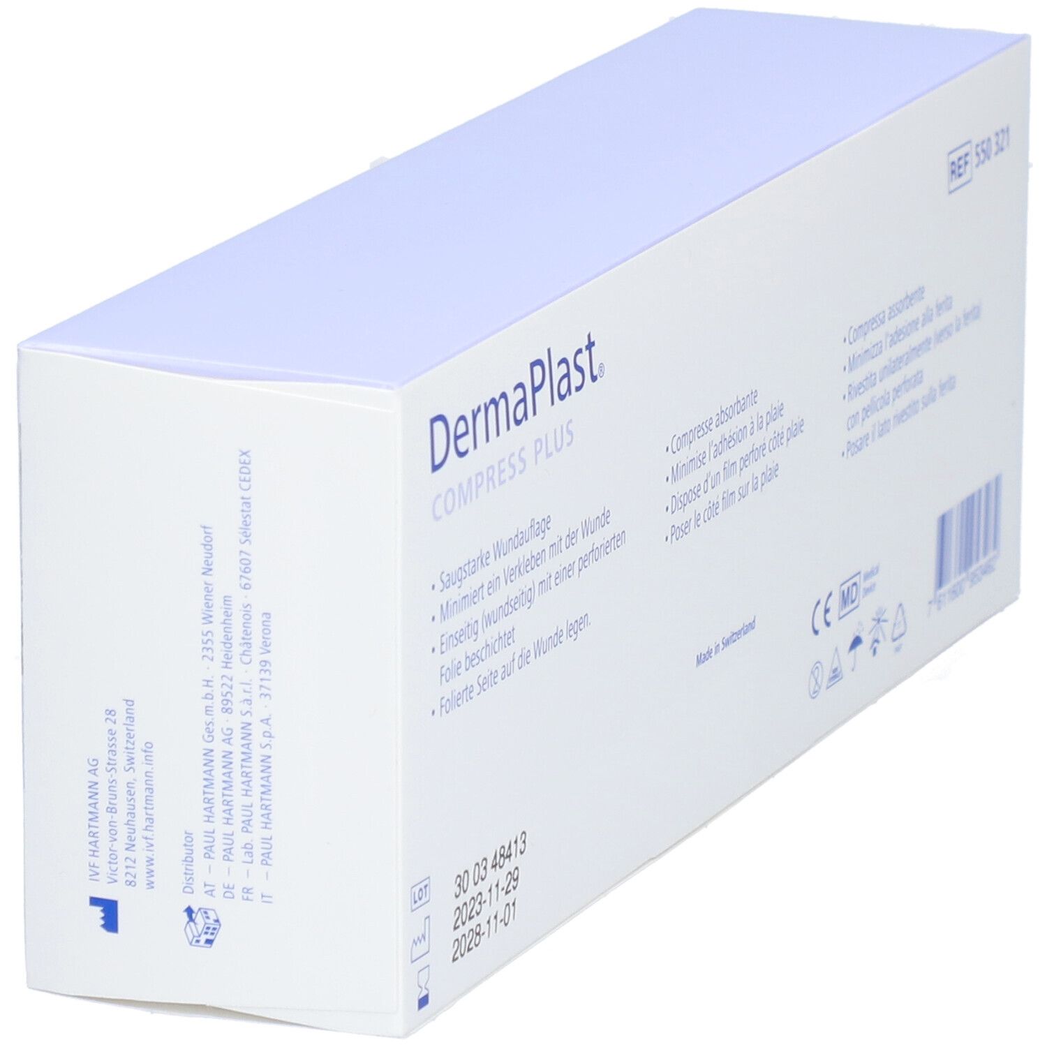 Dos en biais de la boîte Dermaplast Kompresse Plus. Informations et certifications.