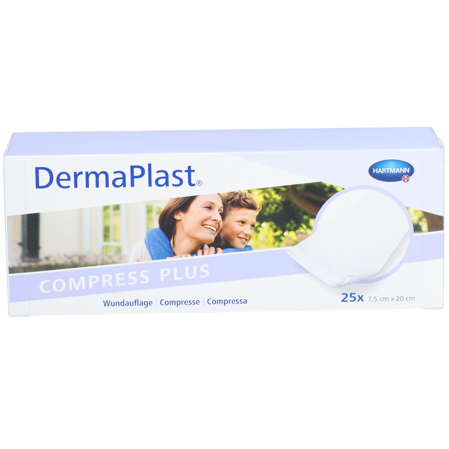 Boîte de Dermaplast Kompresse Plus. Contient 25 compresses de 7,5 x 20 cm. Image d'une femme et d'un enfant.