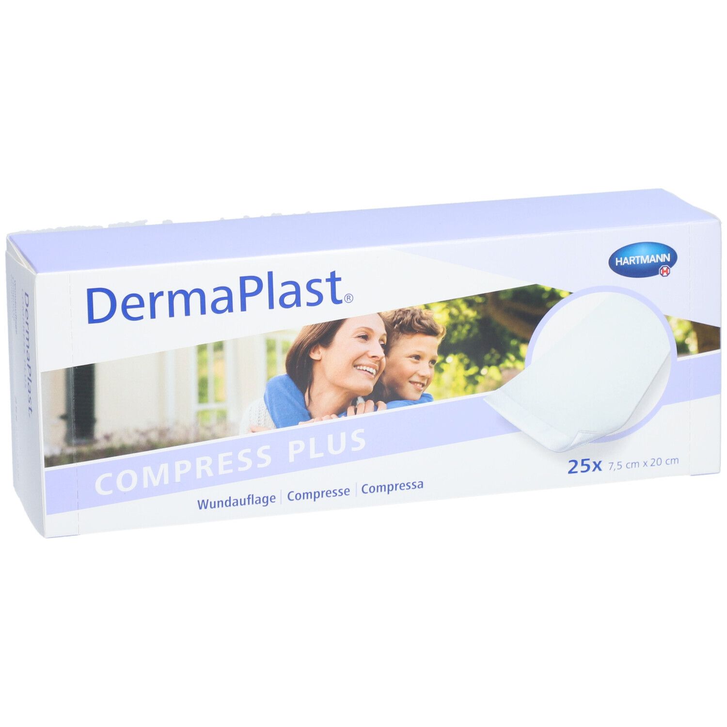 Boîte de Dermaplast Kompresse Plus. Contient 25 compresses de 7,5 x 20 cm. Image d'une femme et d'un enfant.