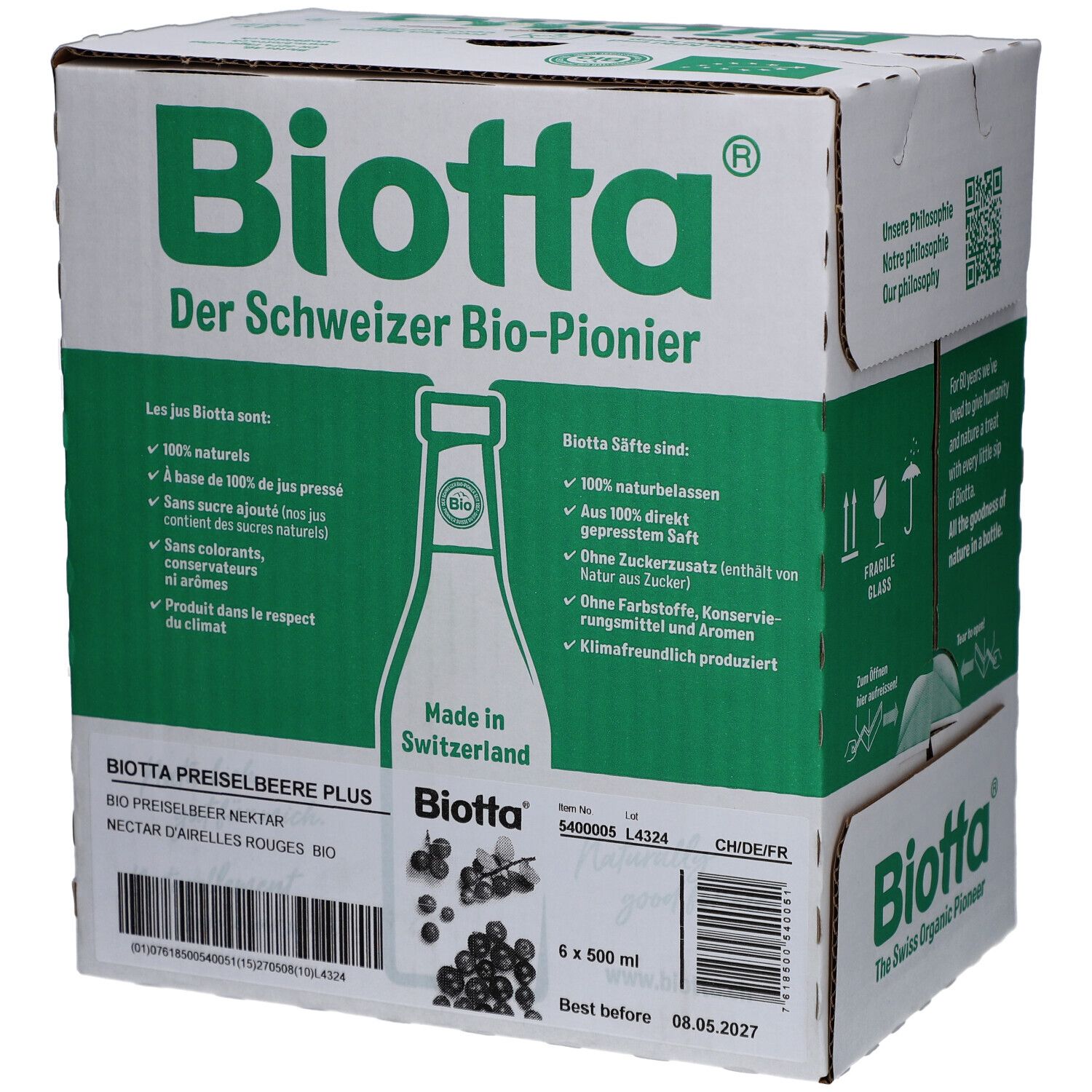 Carton de BIOTTA Preiselbeere Plus. 6 bouteilles, 500ml. Emballage vert et blanc avec informations et logo.