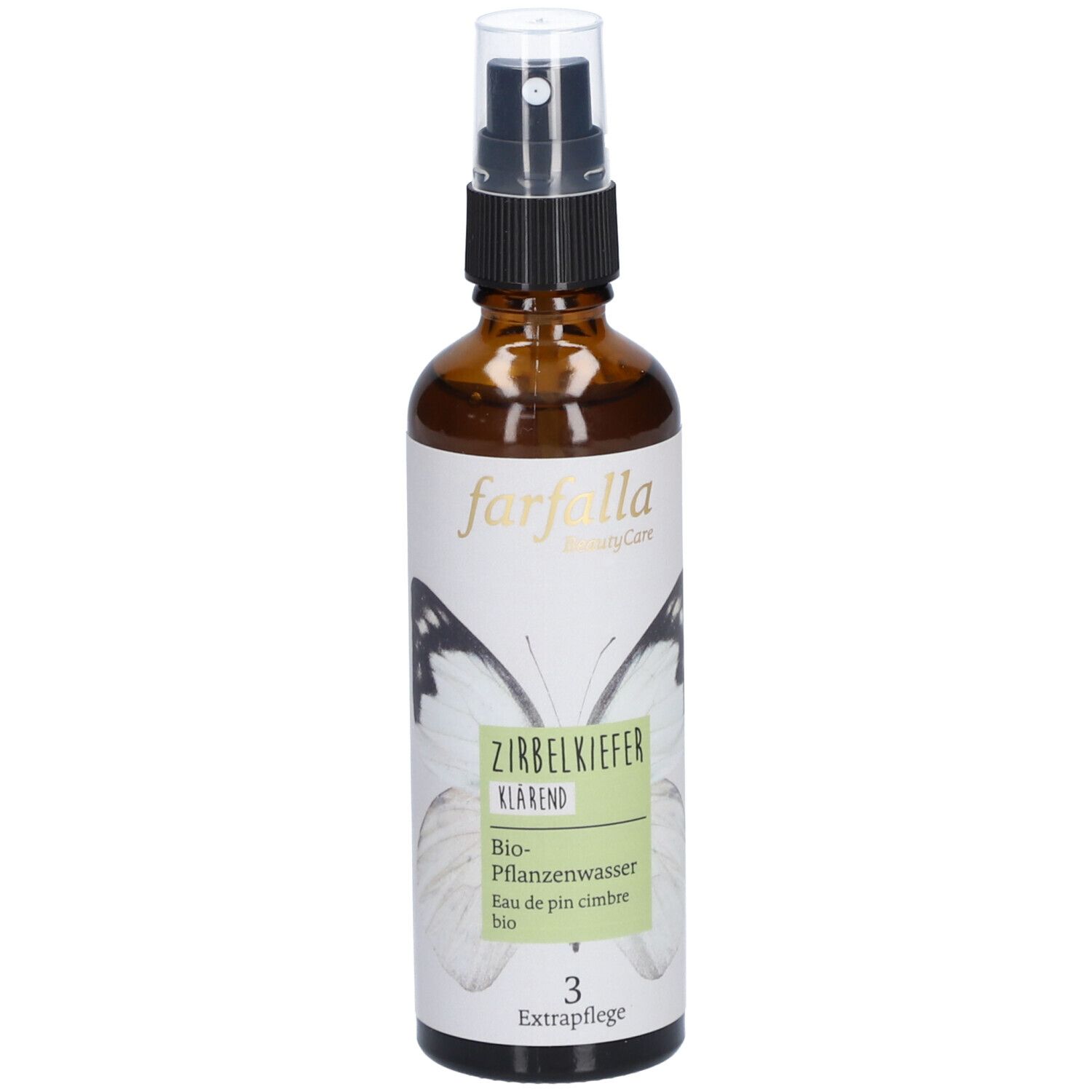 Flacon en verre brun avec vaporisateur. Étiquette avec nom du produit et motif papillon. Logo "farfalla".