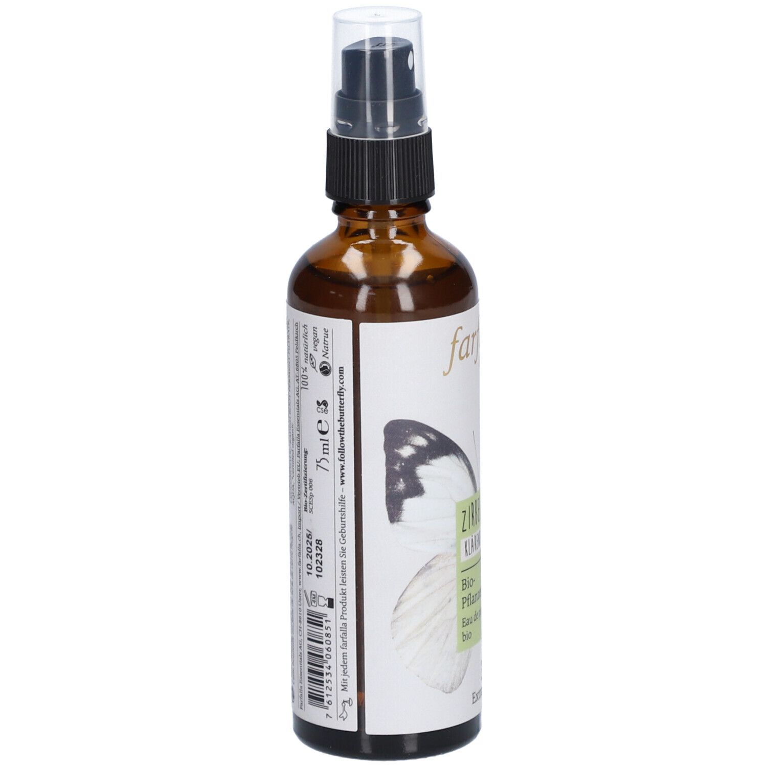 Flacon en verre brun avec vaporisateur. Étiquette avec texte et 'farfalla'. Indication 75ml.