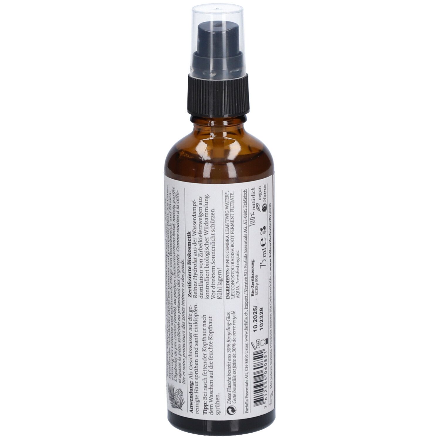 Flacon en verre brun avec vaporisateur. Étiquette avec texte, 'farfalla' et indication 75ml.