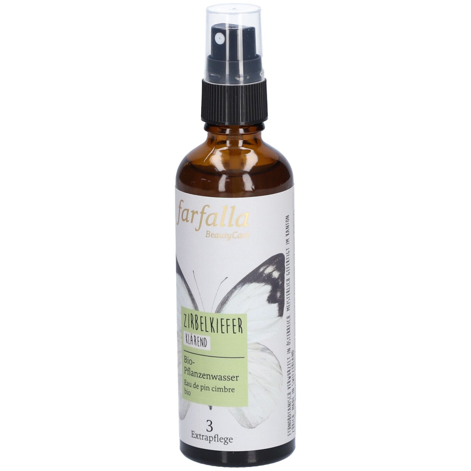 Flacon en verre brun avec vaporisateur. Étiquette avec texte 'Zirbelkiefer' et 'farfalla'.