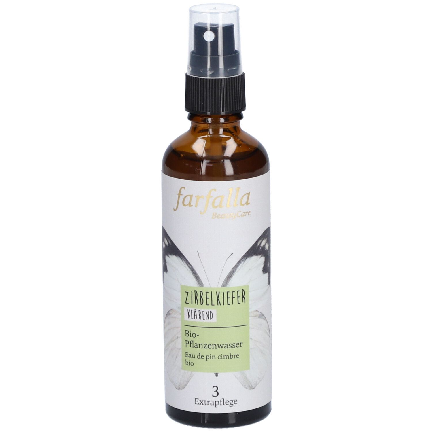 Flacon en verre brun avec vaporisateur. Étiquette avec texte 'Zirbelkiefer' et 'farfalla'.