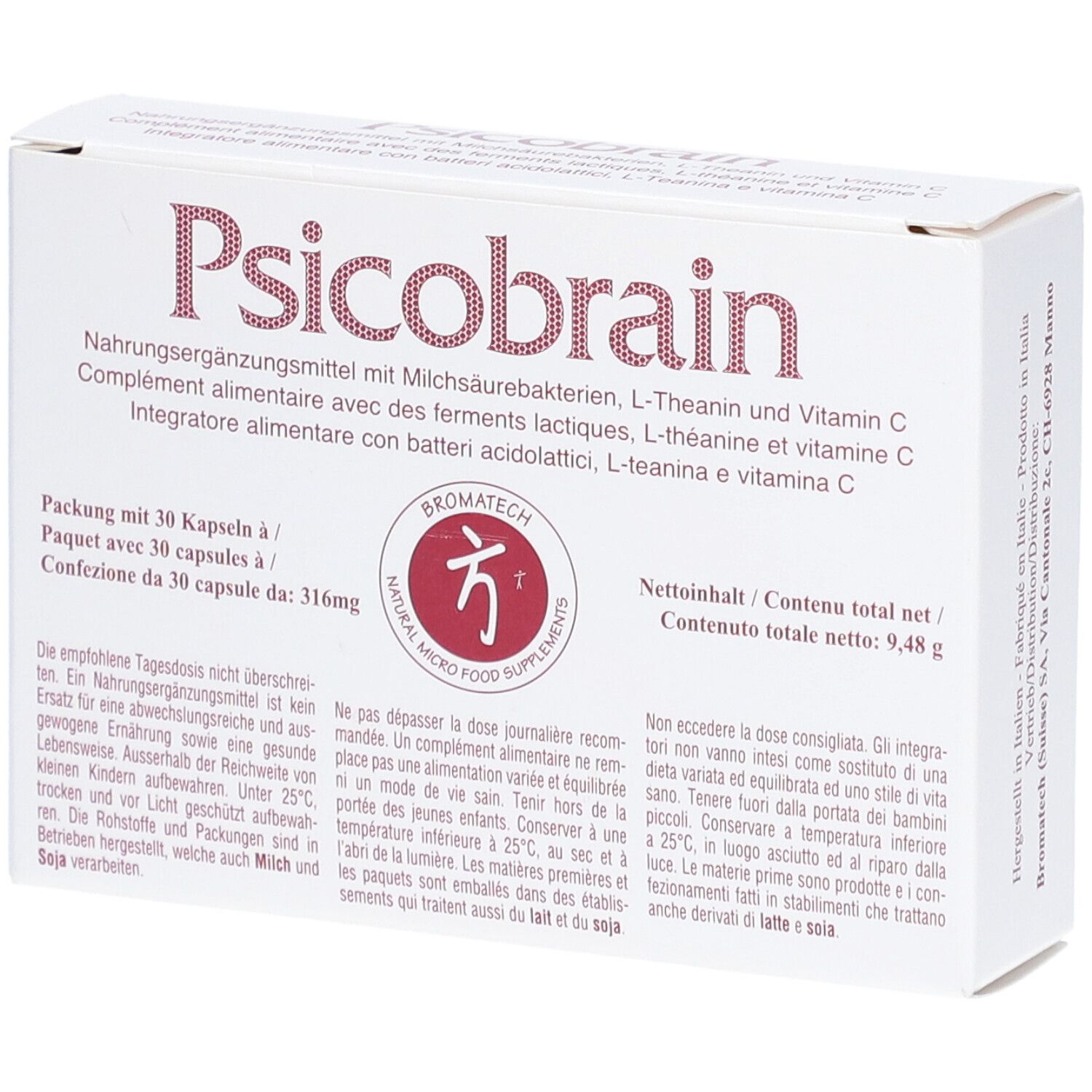 Boîte blanche "Psicobrain" avec texte multilingue. Contient 30 gélules. Logo de la marque visible.