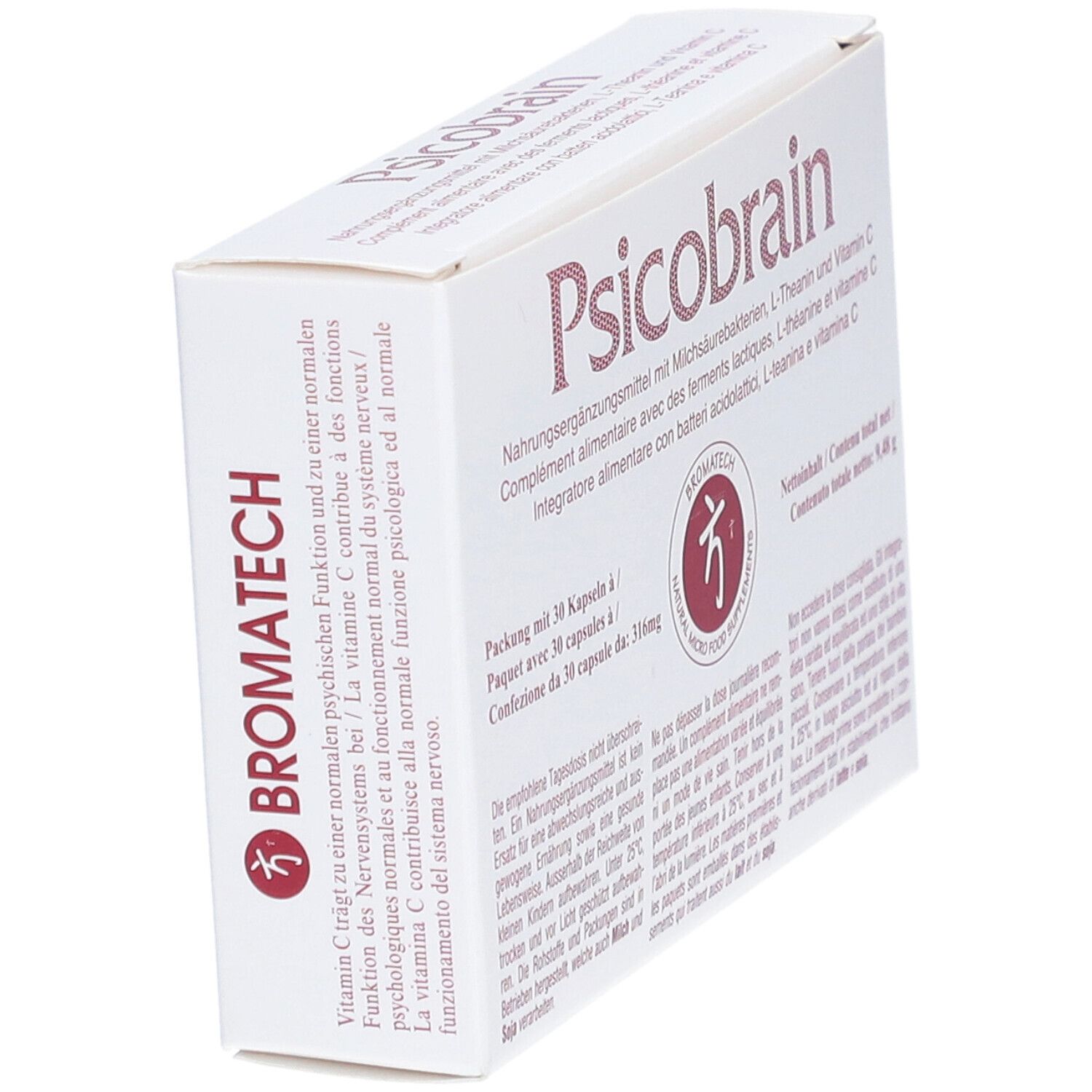 Boîte blanche "Psicobrain" avec logo et texte. Vue latérale avec texte multilingue.