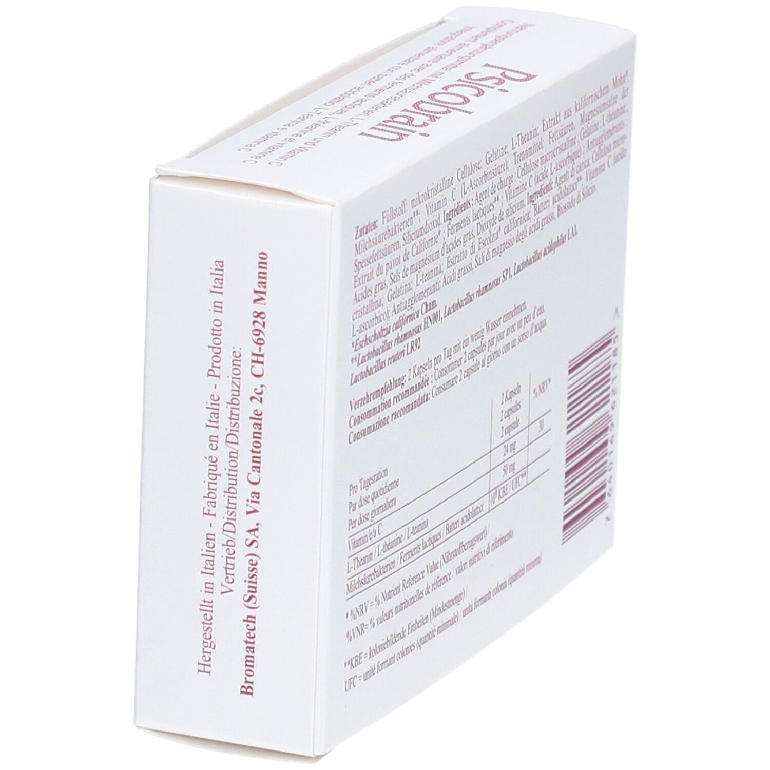 Boîte "Psicobrain" avec liste d'ingrédients et informations nutritionnelles. Vue latérale.