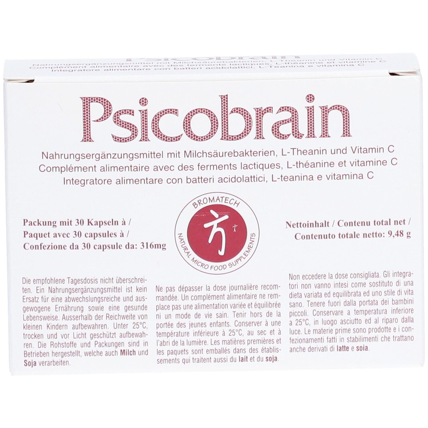 Boîte blanche "Psicobrain" avec texte multilingue. Contient 30 gélules.