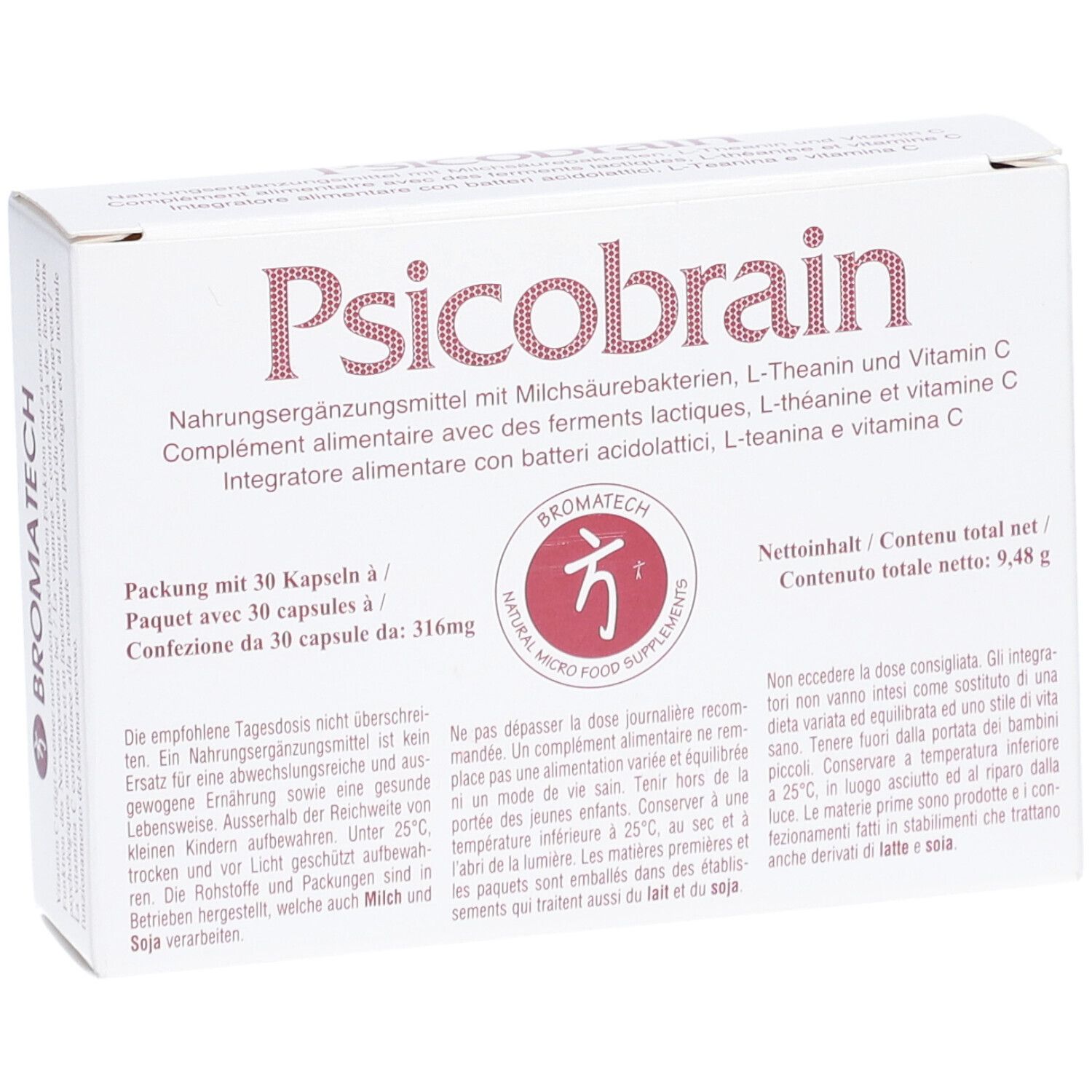 Boîte blanche "Psicobrain" avec texte multilingue. Contient 30 gélules.