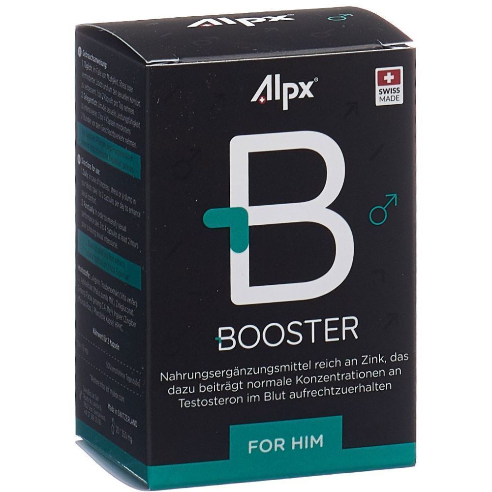 Boîte noire avec logo "Alpx" et "B". Texte "Booster For Him". Logo Swiss Made. Complément alimentaire.
