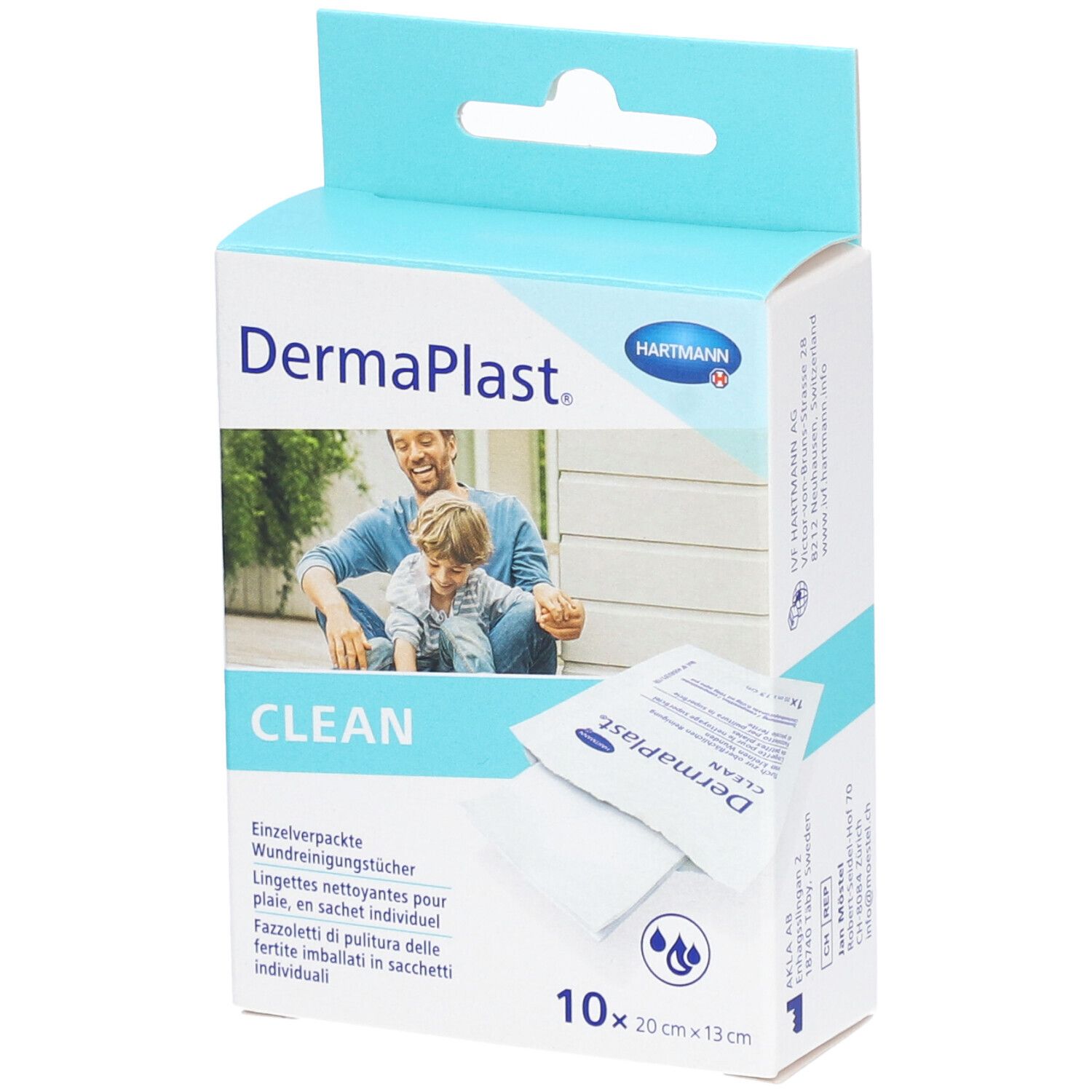 Boîte de lingettes DermaPlast Clean. Lingettes nettoyantes pour plaies, emballage individuel. 10 pièces, 20x13cm. Image d'un père et son enfant.
