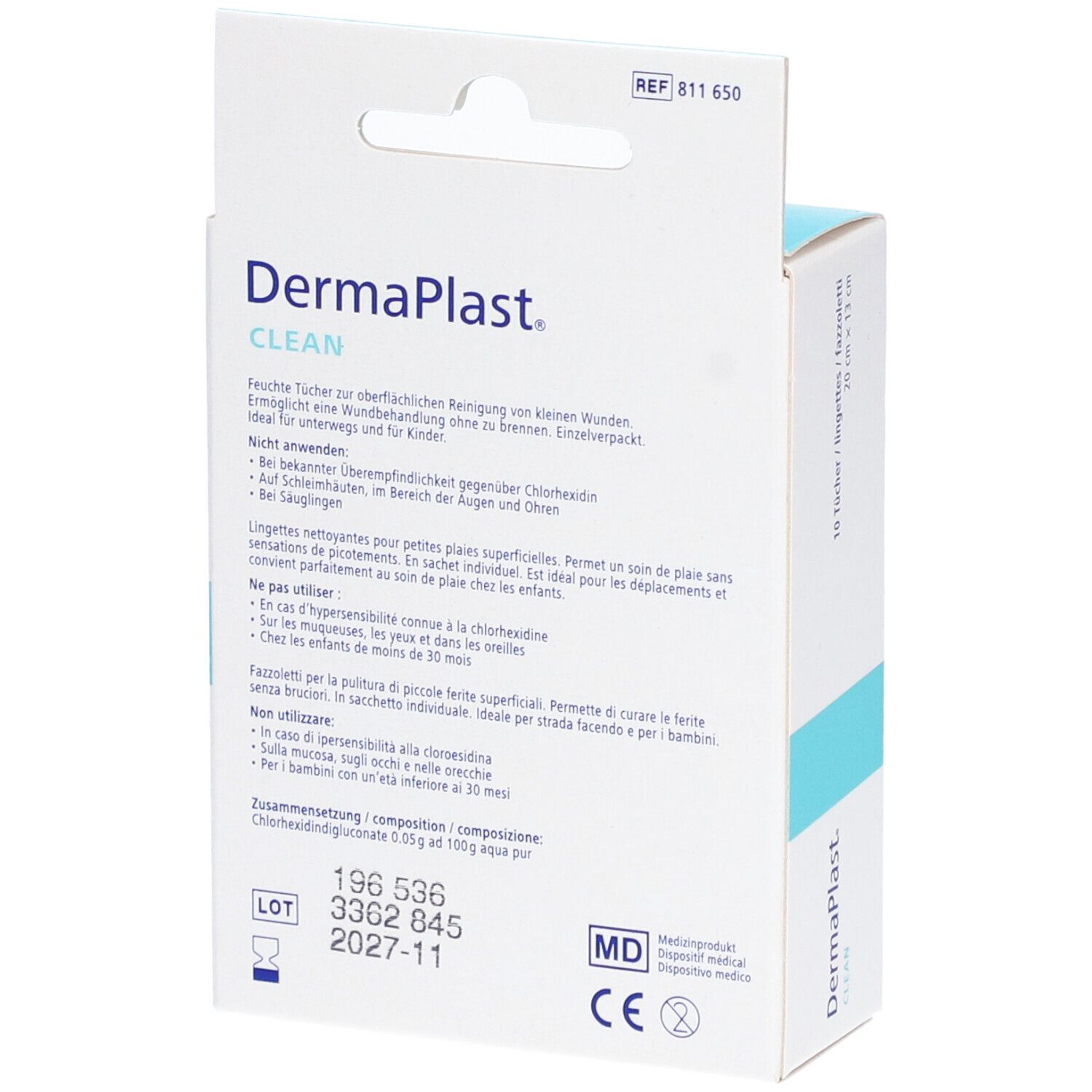 Dos de l'emballage DermaPlast Clean. Informations textuelles, ingrédients, numéro de lot, marquage CE.