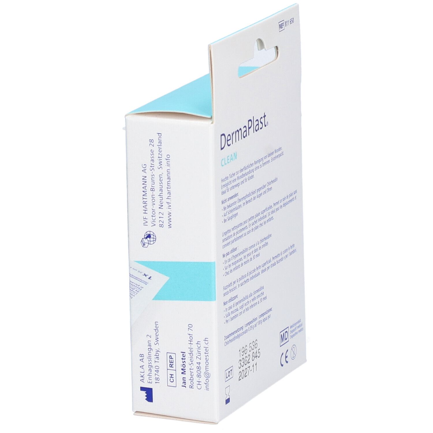 Vue latérale de l'emballage DermaPlast Clean. Informations fabricant, numéro de lot, marquage CE.