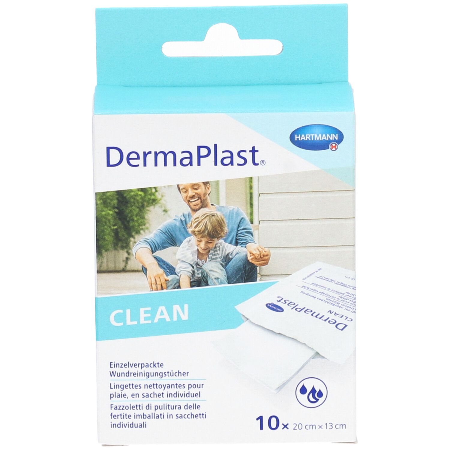 Emballage DermaPlast Clean. Lingettes nettoyantes pour plaies, emballage individuel. 10 pièces, 20x13cm. Image père et enfant.