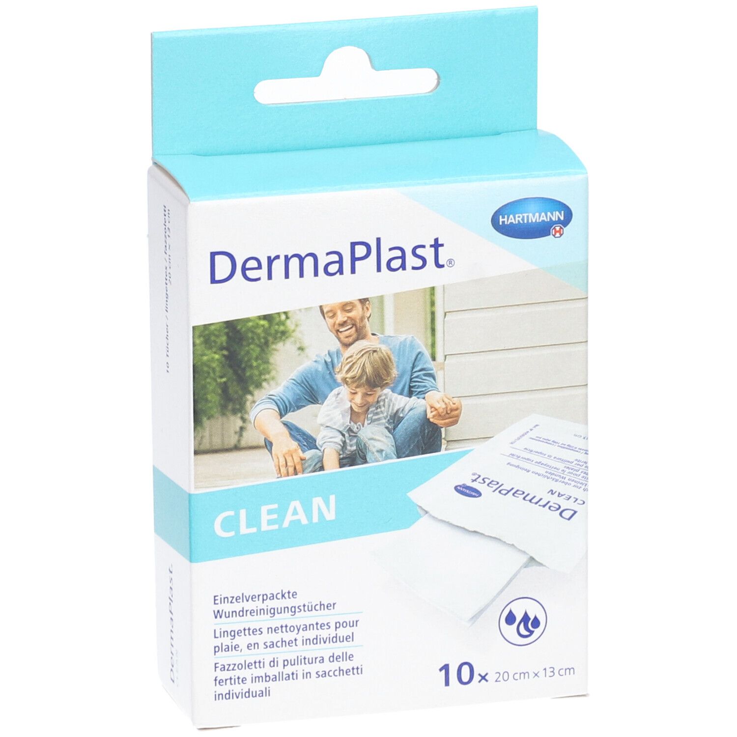 Emballage DermaPlast Clean. Lingettes nettoyantes pour plaies, emballage individuel. 10 pièces, 20x13cm. Image père et enfant.