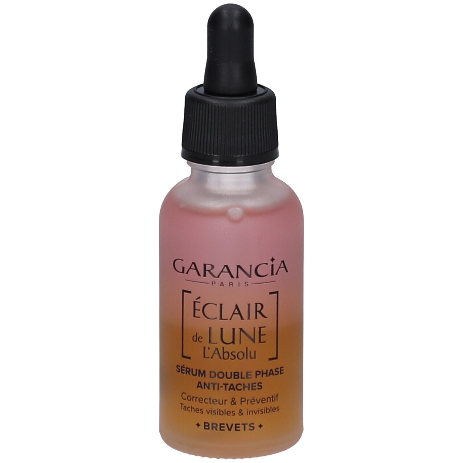 Sérum biphasé en flacon verre avec bouchon pipette. Liquide rose-jaune.