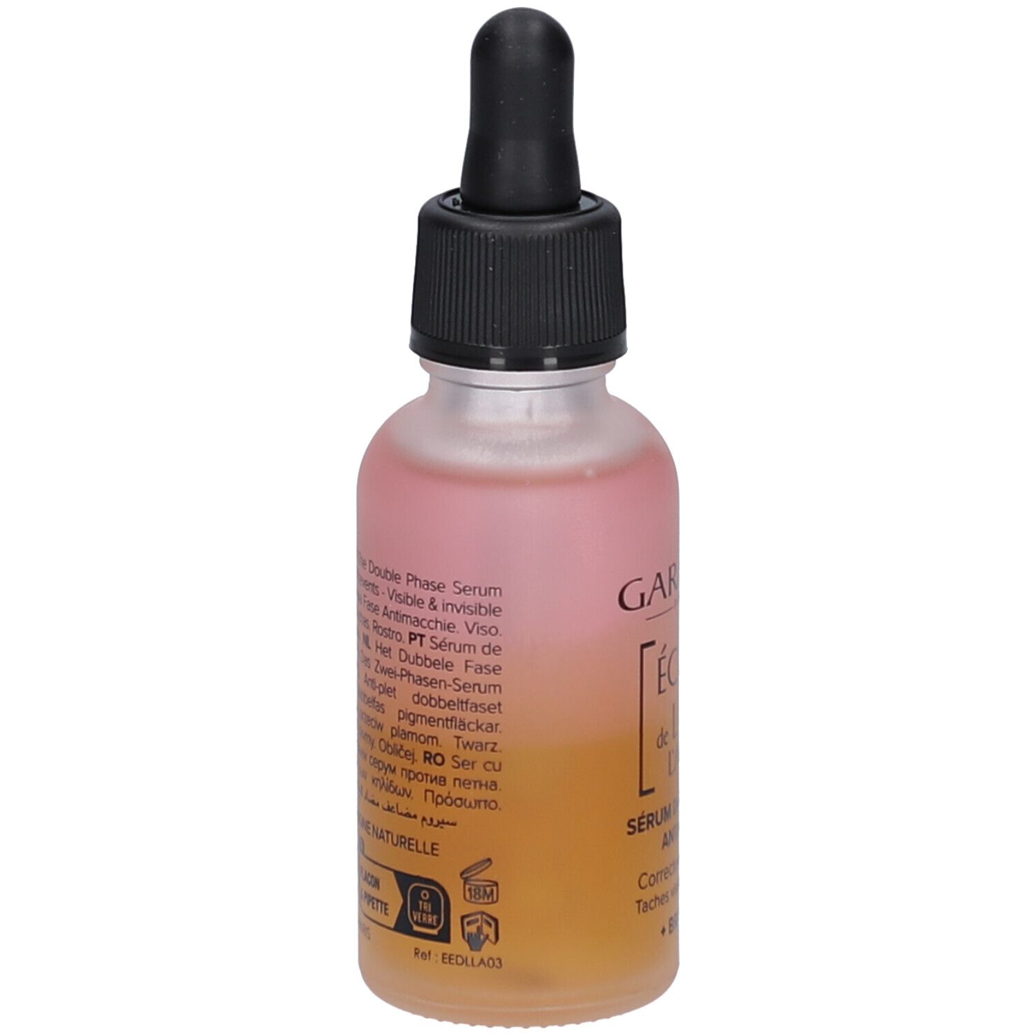 Arrière d'un flacon de sérum biphasé avec informations produit multilingues.