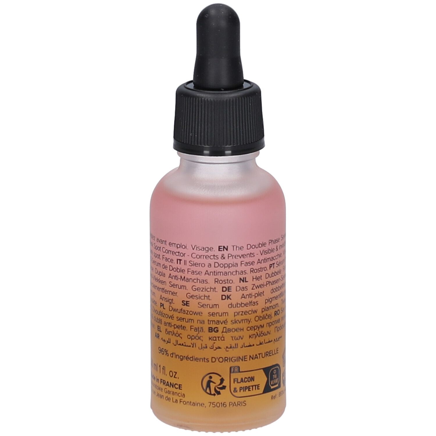 Flacon de sérum biphasé, dos avec indications multilingues et sceaux.