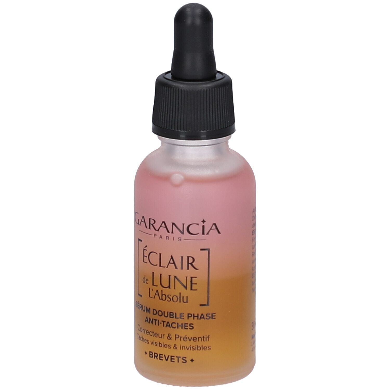 Sérum biphasé en flacon verre avec bouchon pipette. Liquide rose-jaune.