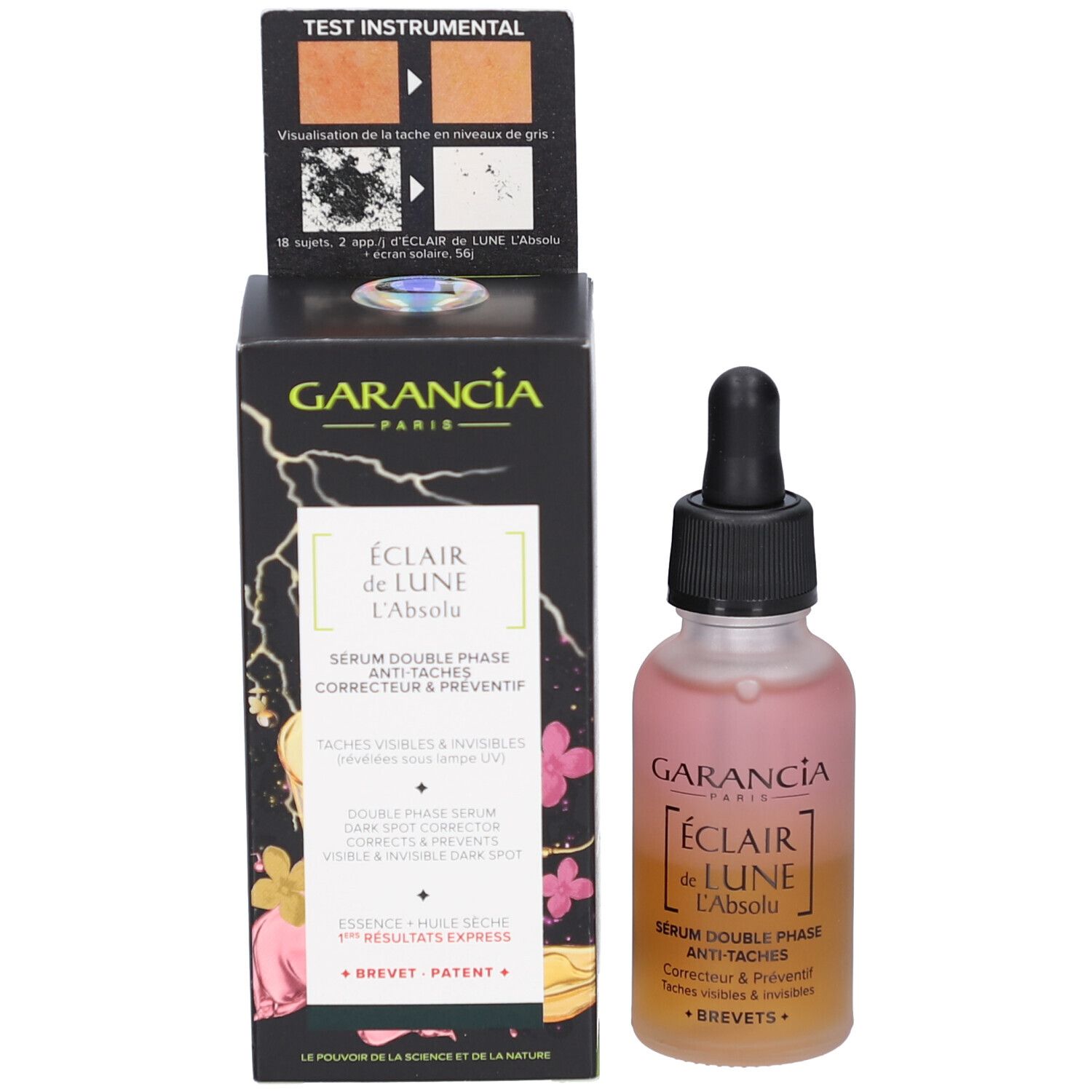 Emballage avec flacon de sérum biphasé et informations produit, résultats de test en haut.