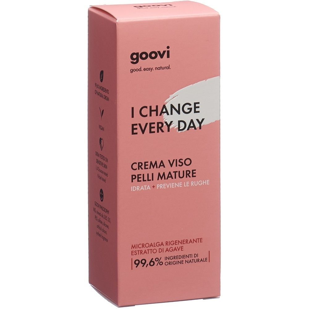 Boîte rose avec le nom du produit GOOVI, slogan et désignation : crème pour peaux matures. Texte : I CHANGE EVERY DAY.