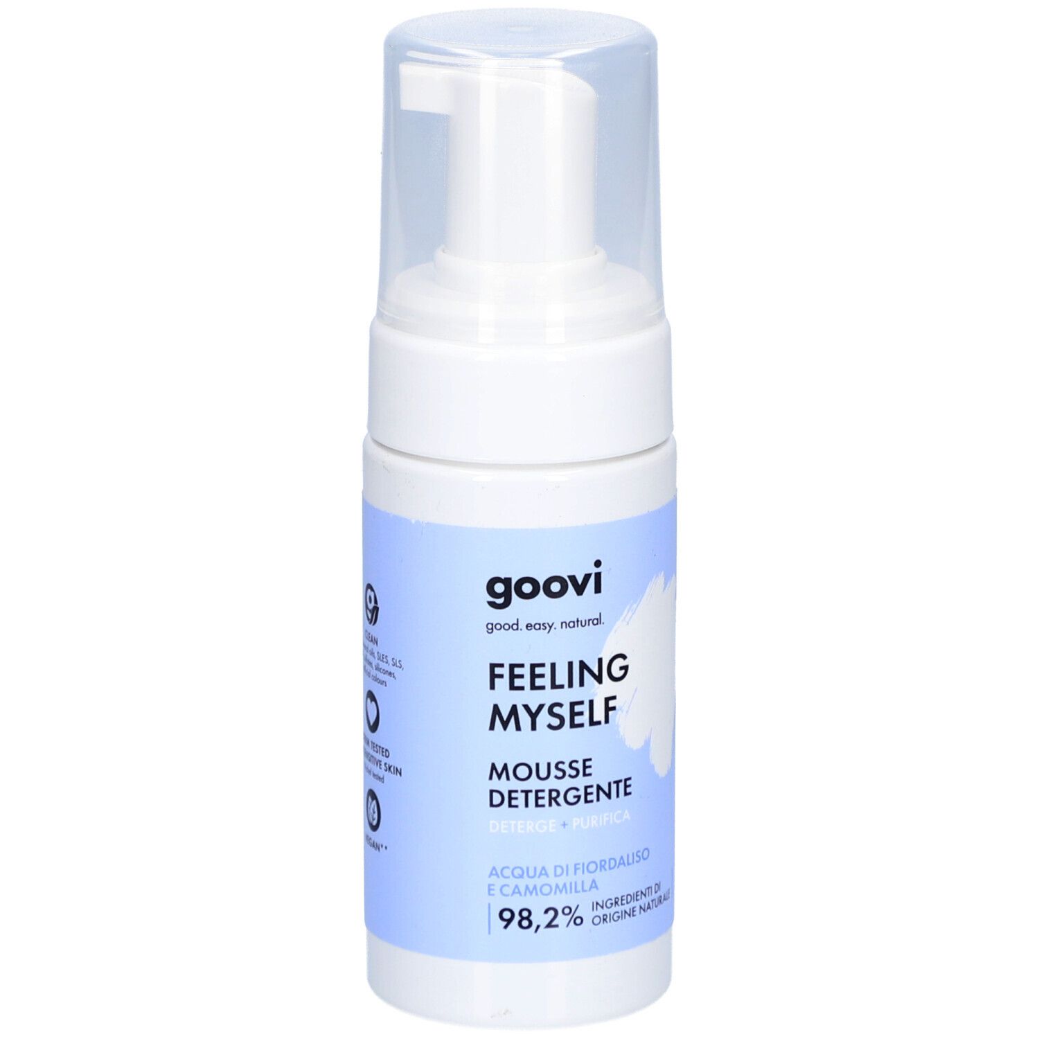 Flacon blanc avec pompe. Inscriptions: Goovi, Feeling Myself, Mousse Detergente. Avec bleuet et camomille. 98,2% ingrédients d'origine naturelle.
