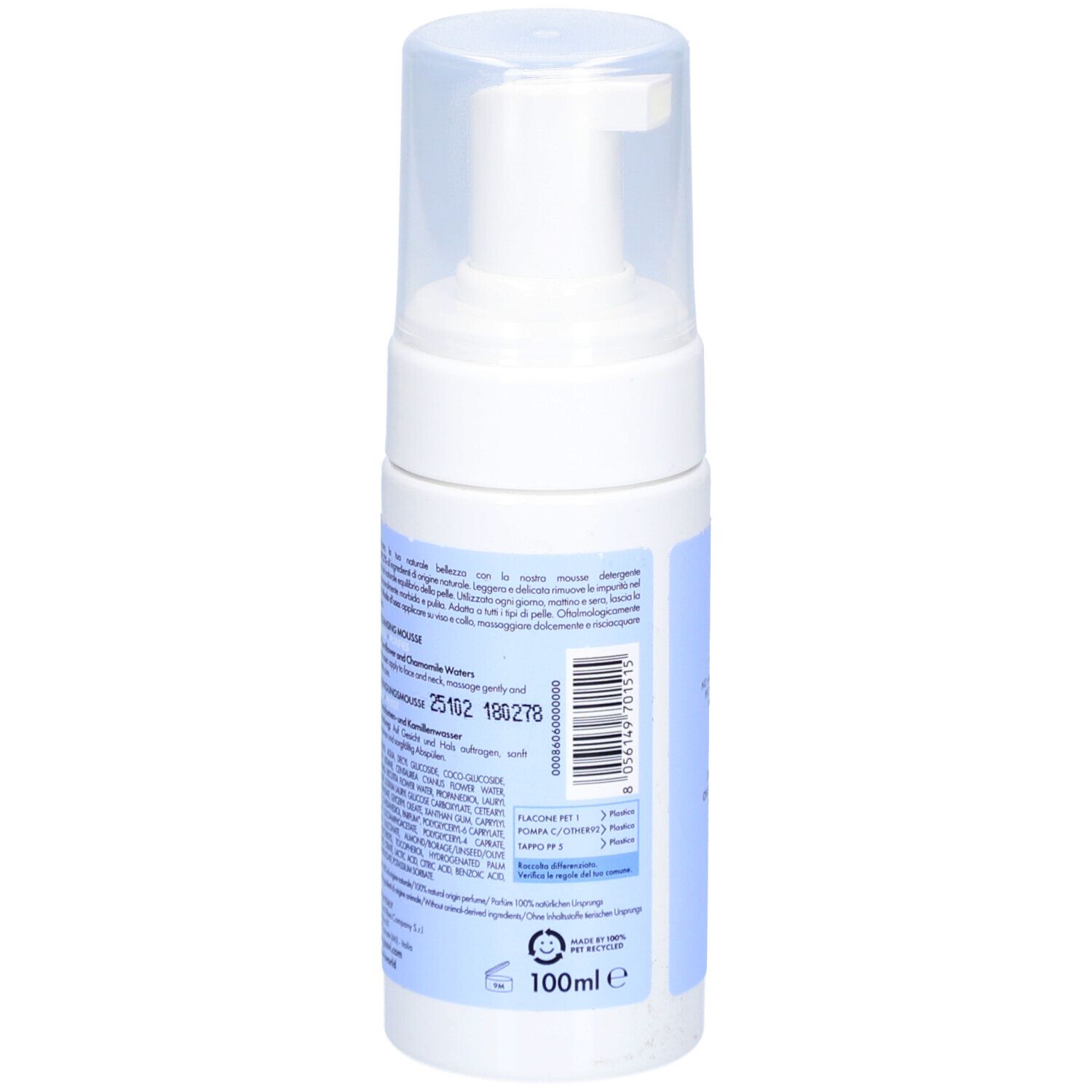 Dos du flacon blanc. Texte avec ingrédients et informations fabricant. Code-barres et indication 100ml.