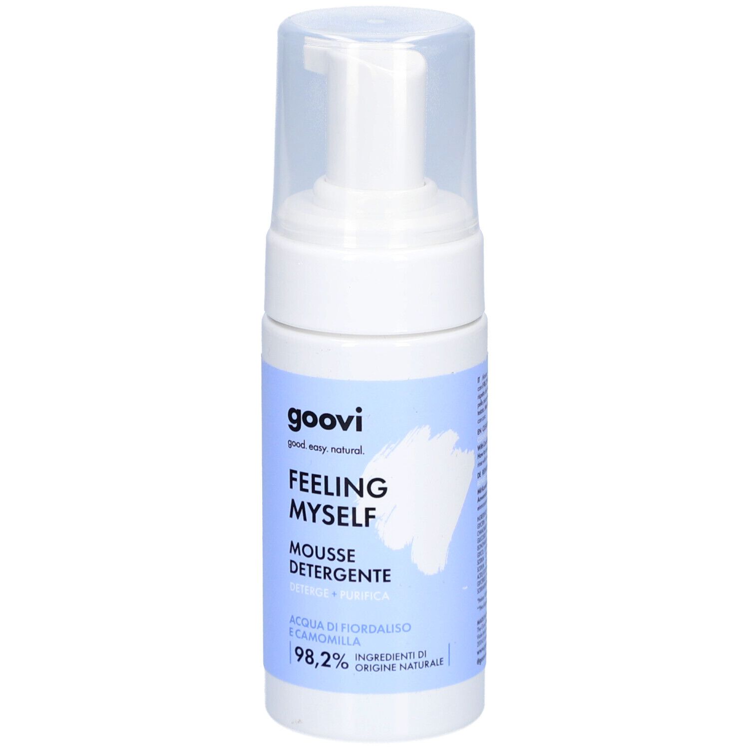 Flacon blanc avec pompe. Inscriptions: Goovi, Feeling Myself, Mousse Detergente. Avec bleuet et camomille. 98,2% ingrédients d'origine naturelle.