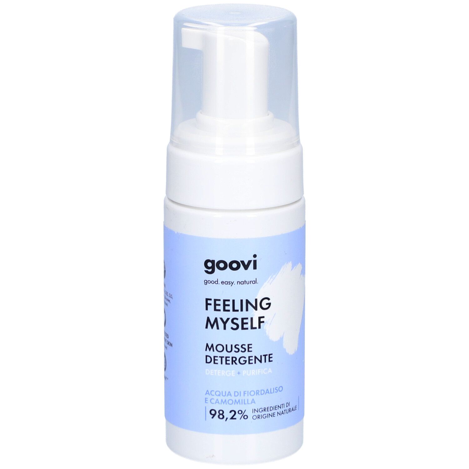 Flacon blanc avec pompe. Inscriptions: Goovi, Feeling Myself, Mousse Detergente. Avec bleuet et camomille. 98,2% ingrédients d'origine naturelle.
