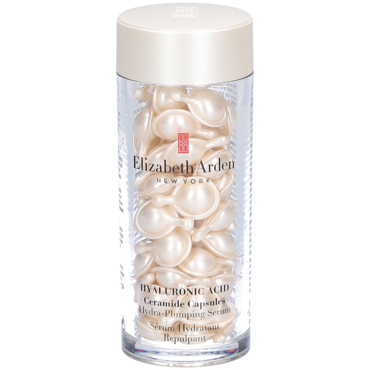 Capsules dans un récipient transparent. Inscription: Elizabeth Arden, Hyaluronic Acid Ceramide Capsules.