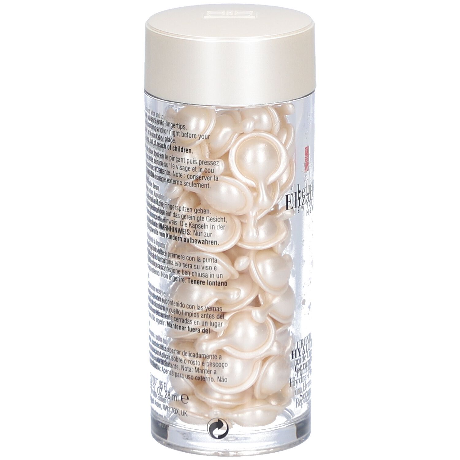 Récipient transparent avec capsules. Inscription et texte sur le récipient. Couvercle crème.