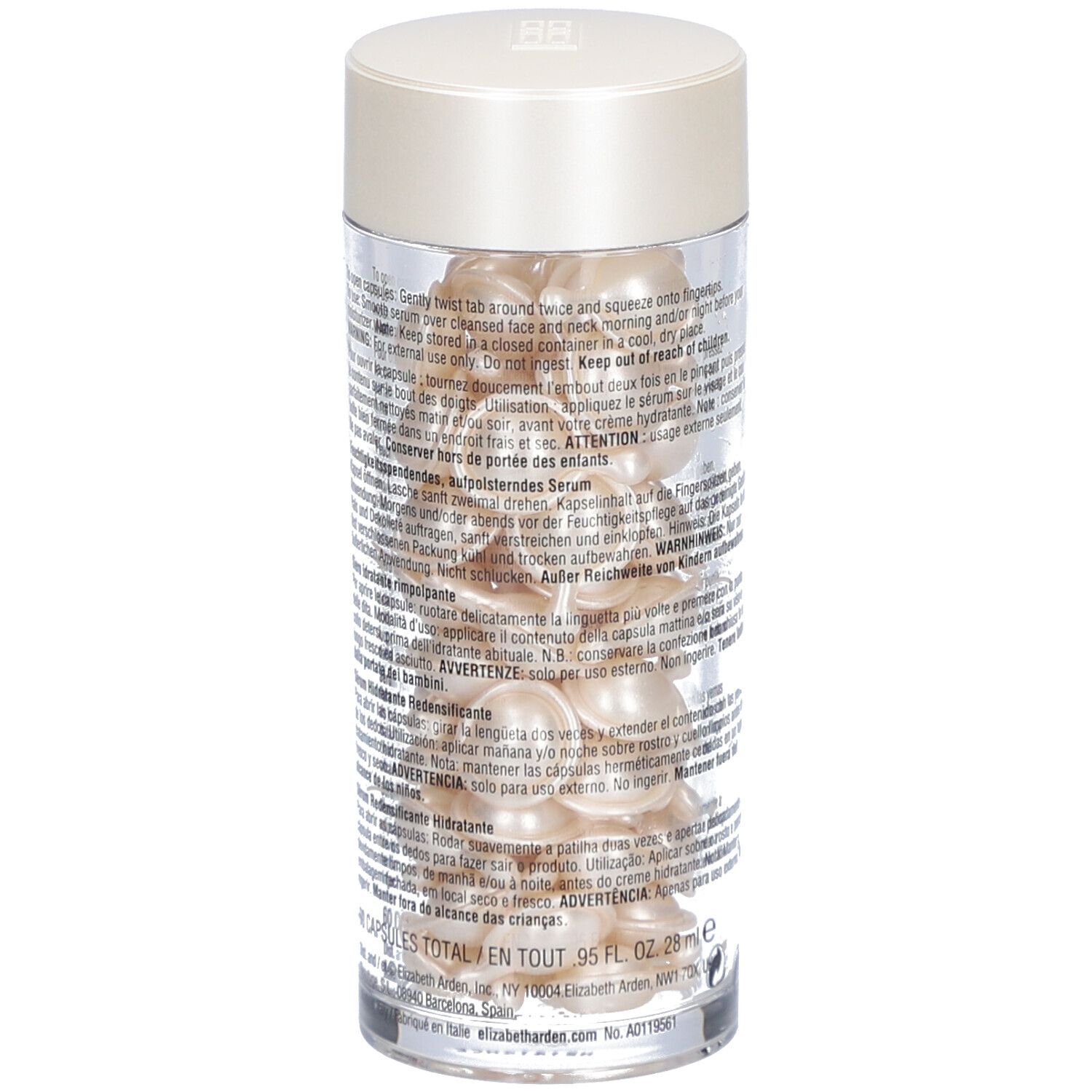Récipient transparent avec capsules. Dos avec texte. Couvercle crème.