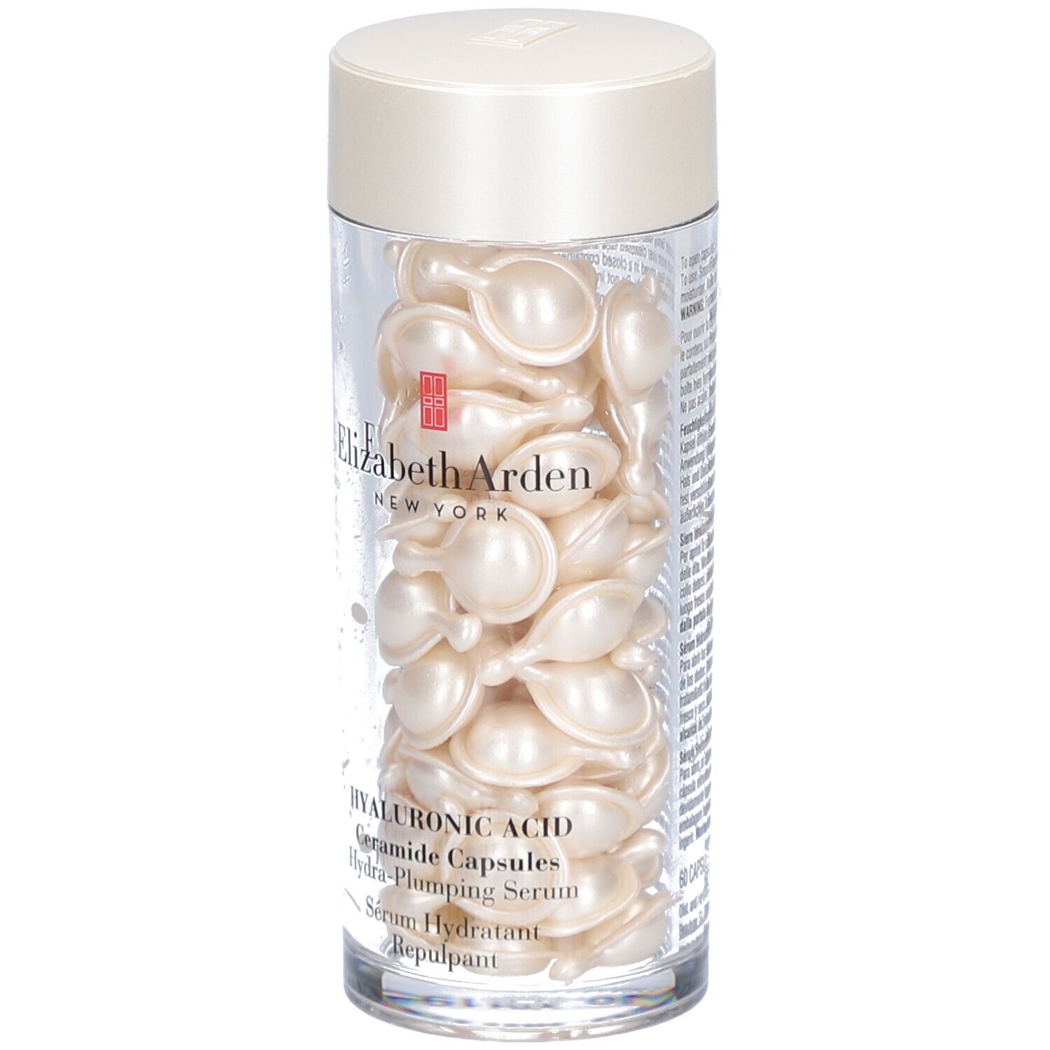 Récipient transparent avec capsules. Inscription: Elizabeth Arden, Hyaluronic Acid Ceramide Capsules.