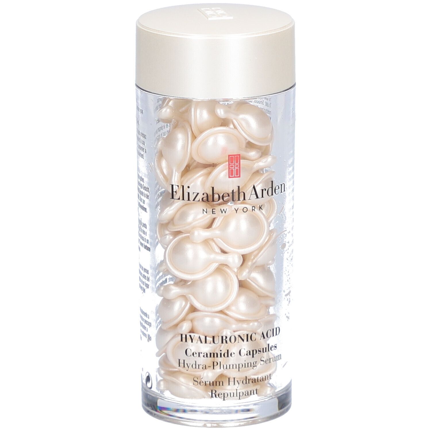 Récipient transparent avec capsules. Inscription: Elizabeth Arden, Hyaluronic Acid Ceramide Capsules.