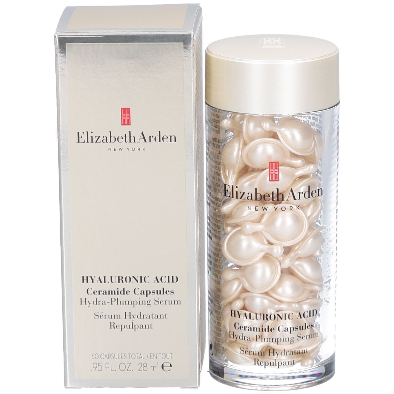 Emballage et récipient avec capsules. Inscription: Elizabeth Arden, Hyaluronic Acid Ceramide Capsules.