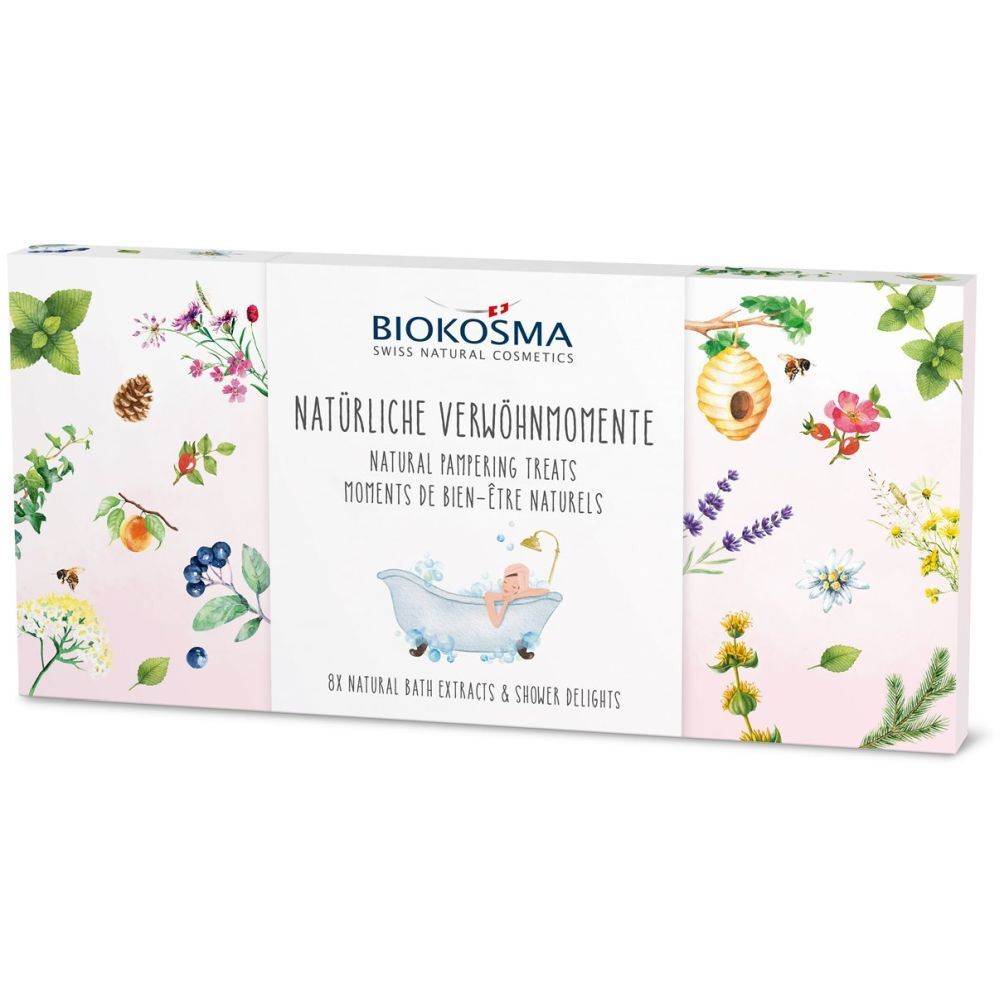 Coffret BIOKOSMA au design floral. Inscription : Moments de bien-être naturels. Contient 8 extraits de bain et plaisirs de douche.
