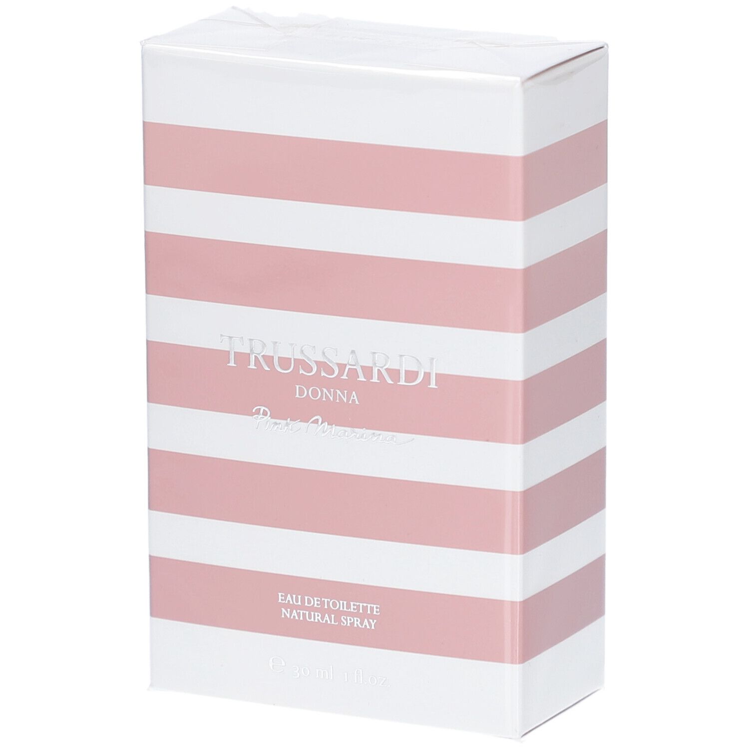 Emballage rayé rose et blanc, Trussardi Donna Pink Marina Eau de Toilette.