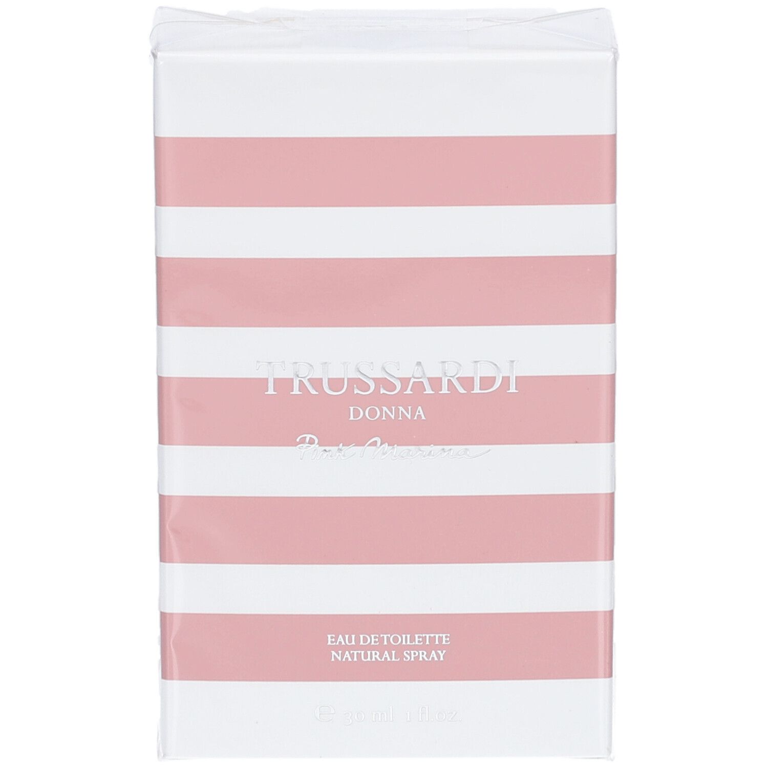 Emballage rayé rose et blanc, Trussardi Donna Pink Marina Eau de Toilette.