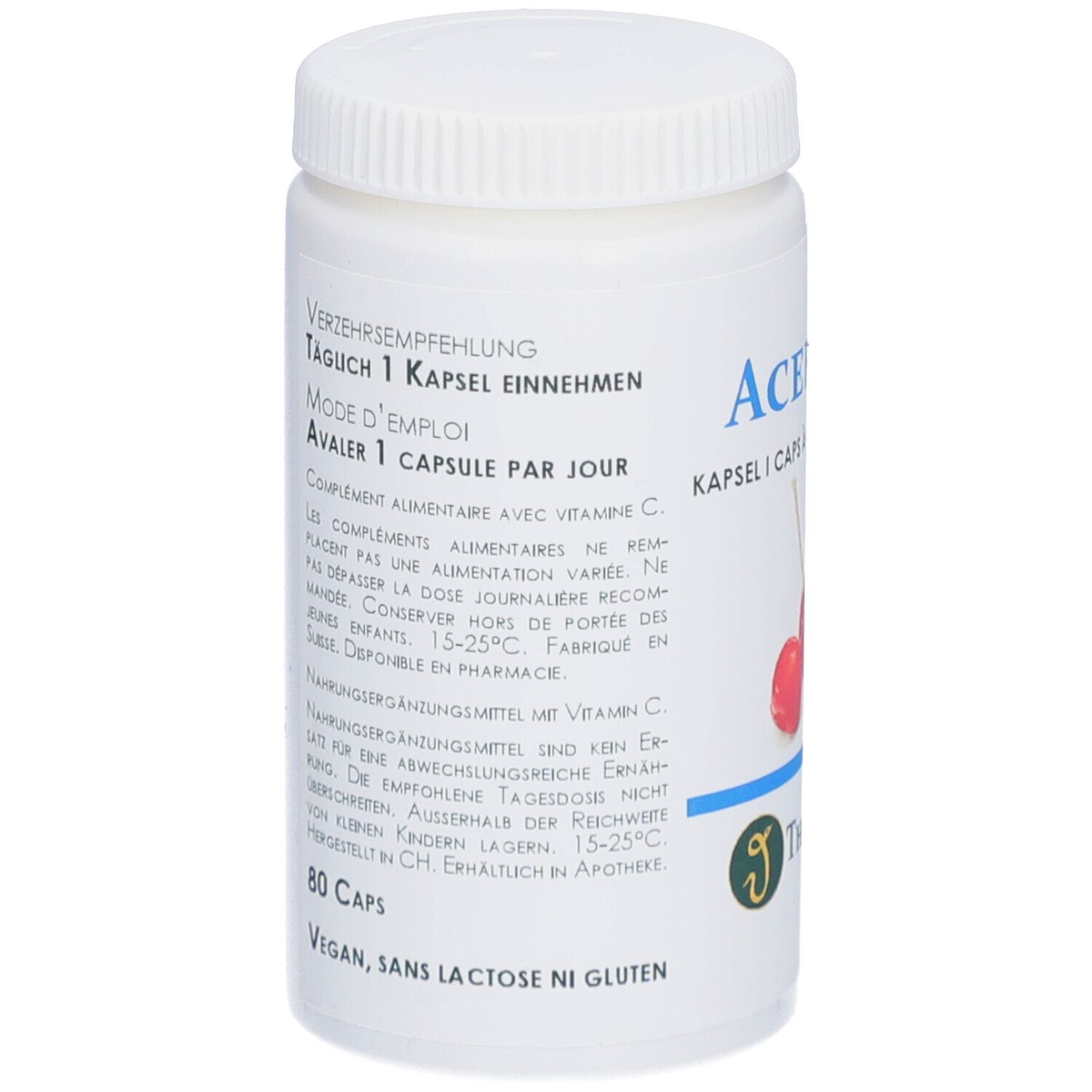 Flacon blanc. Texte: Mode d'emploi, 1 gélule par jour. 80 gélules. Vegan, sans lactose, sans gluten.