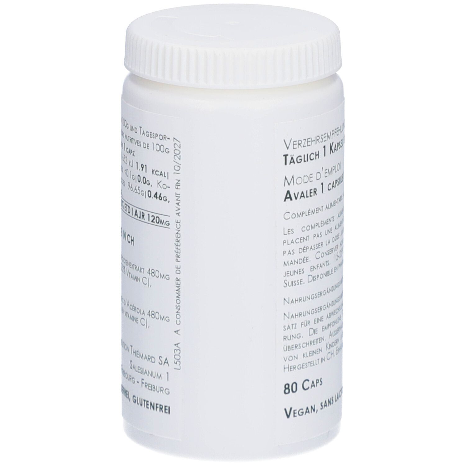 Flacon blanc avec bouchon à vis. Texte: 80 gélules. Vegan, sans lactose, sans gluten. Dos avec texte.
