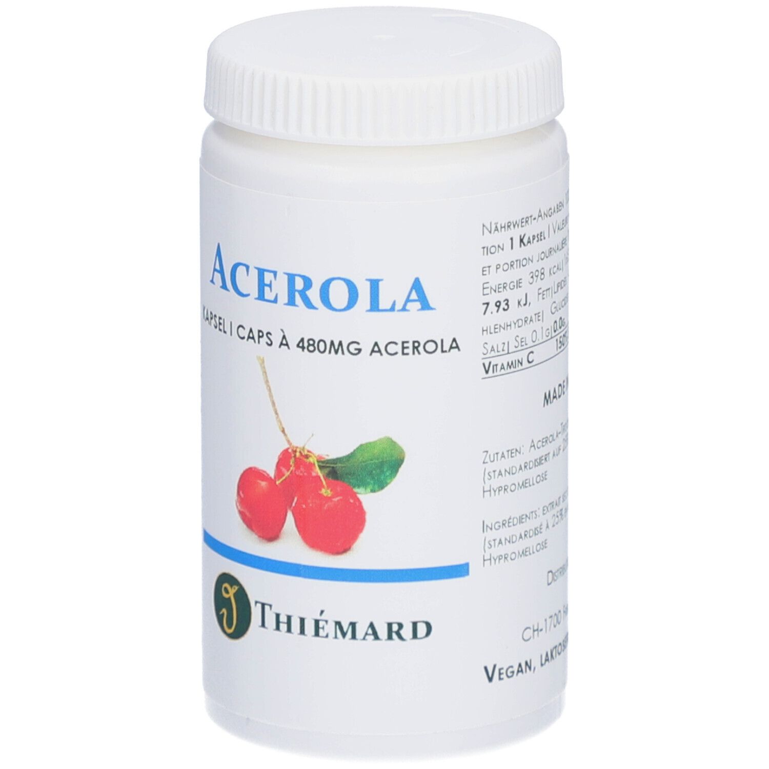 Flacon blanc avec bouchon à vis. Inscription Acerola, illustration de cerises, marque Thiemard. Gélules à 480mg.