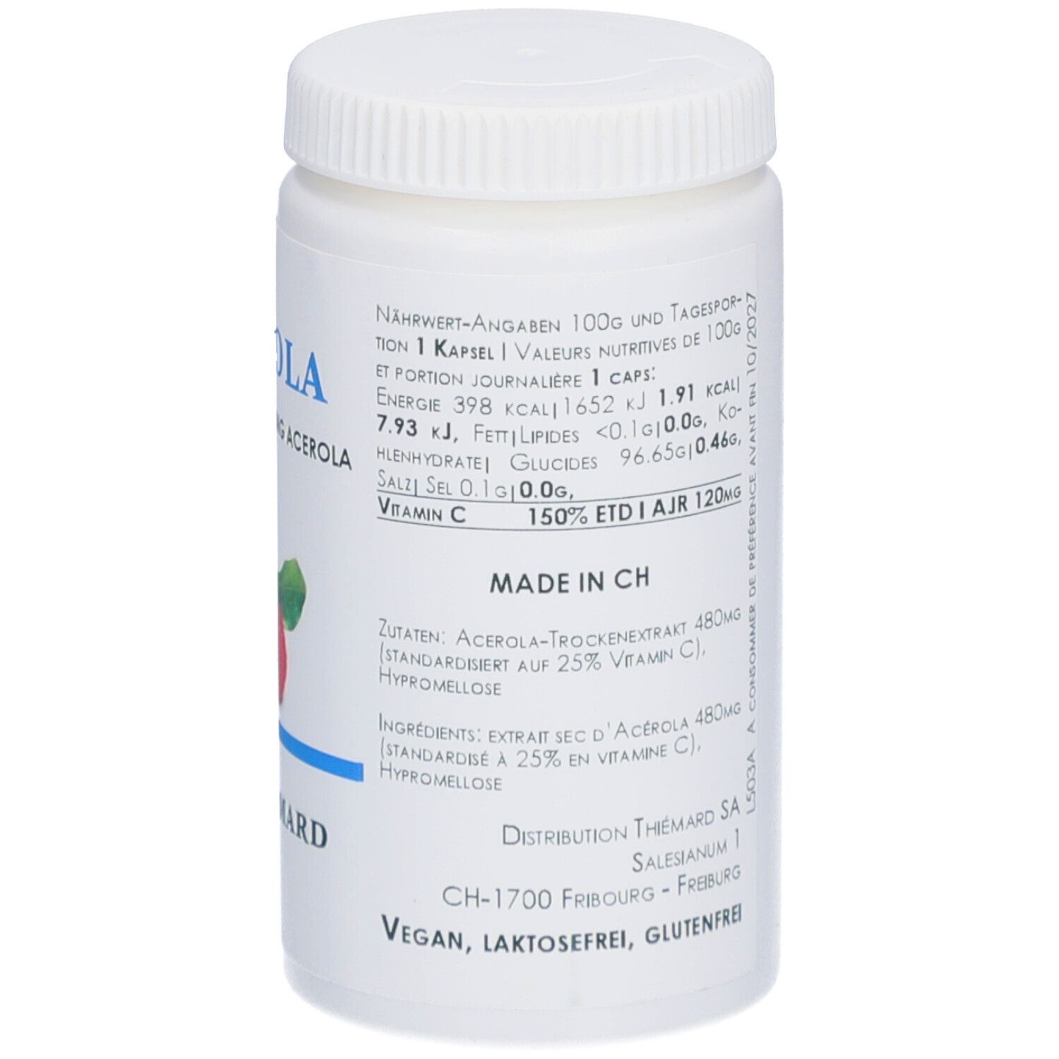 Flacon blanc avec bouchon à vis. Inscription Acerola, illustration de cerises, marque Thiemard. Gélules à 480mg.
