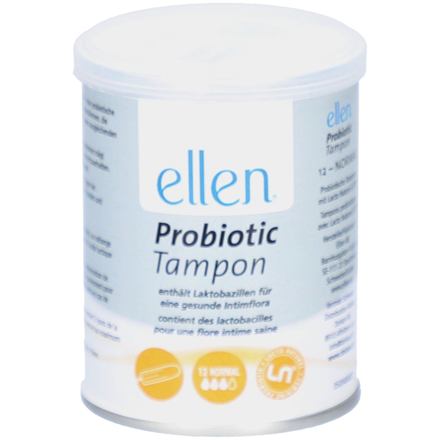 Boîte cylindrique "ellen Probiotic Tampon". Contient 12 tampons. Inscription: "12 NORMAL".